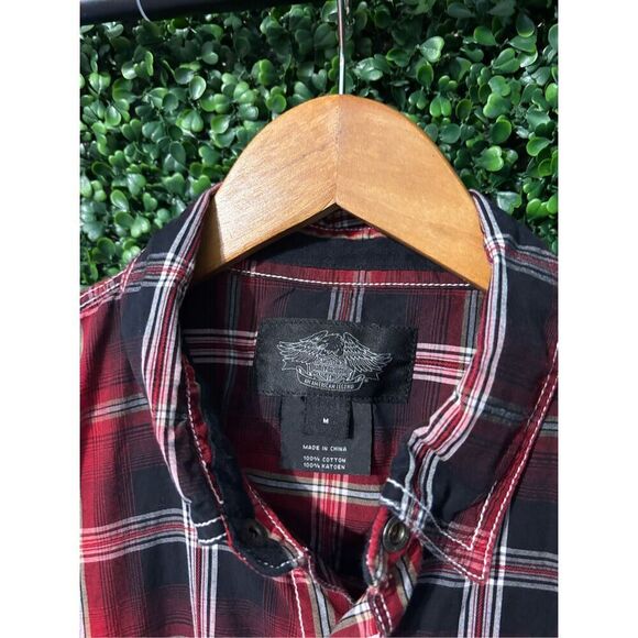 Harley Davidson Red Plaid Striped Button Front Shirt Mens Medium - Picture 2 of 5